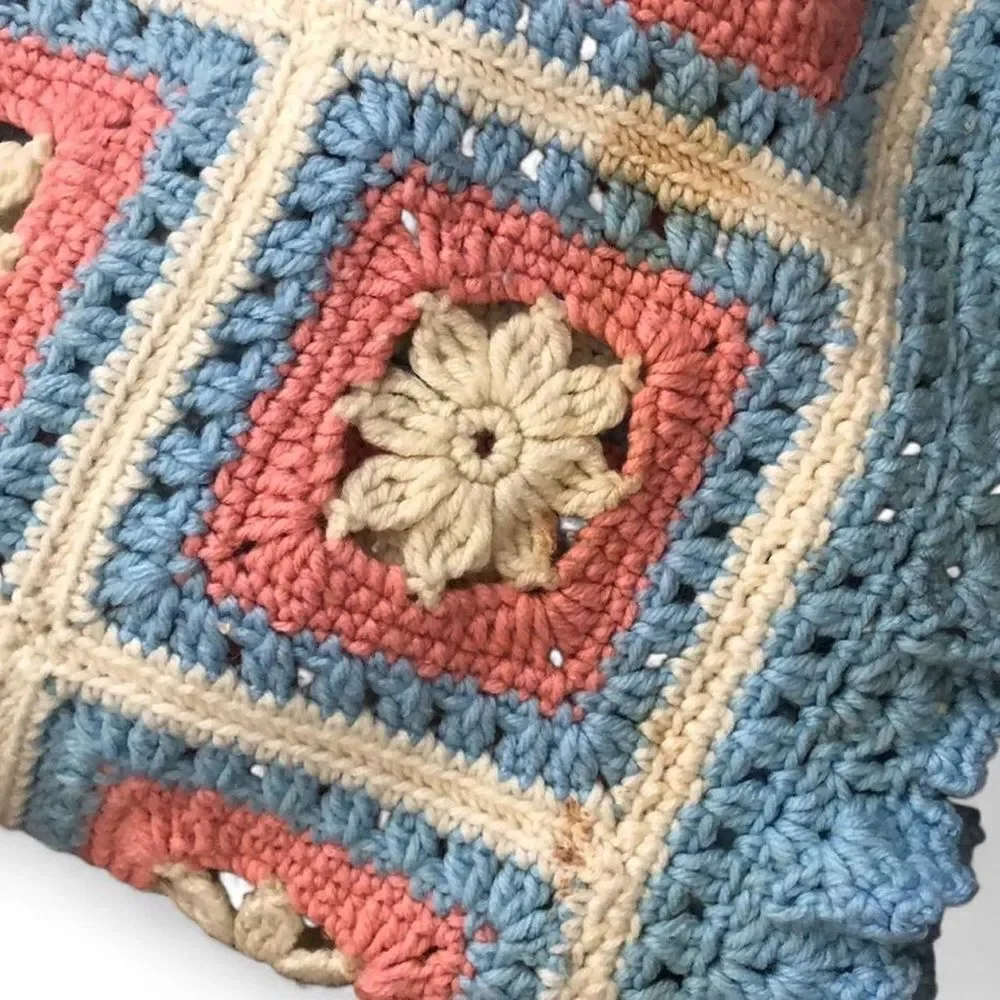 HUGE Vintage Handmade Cottage Crochet Knit Granny Square Afghan Blanket 100”x85”